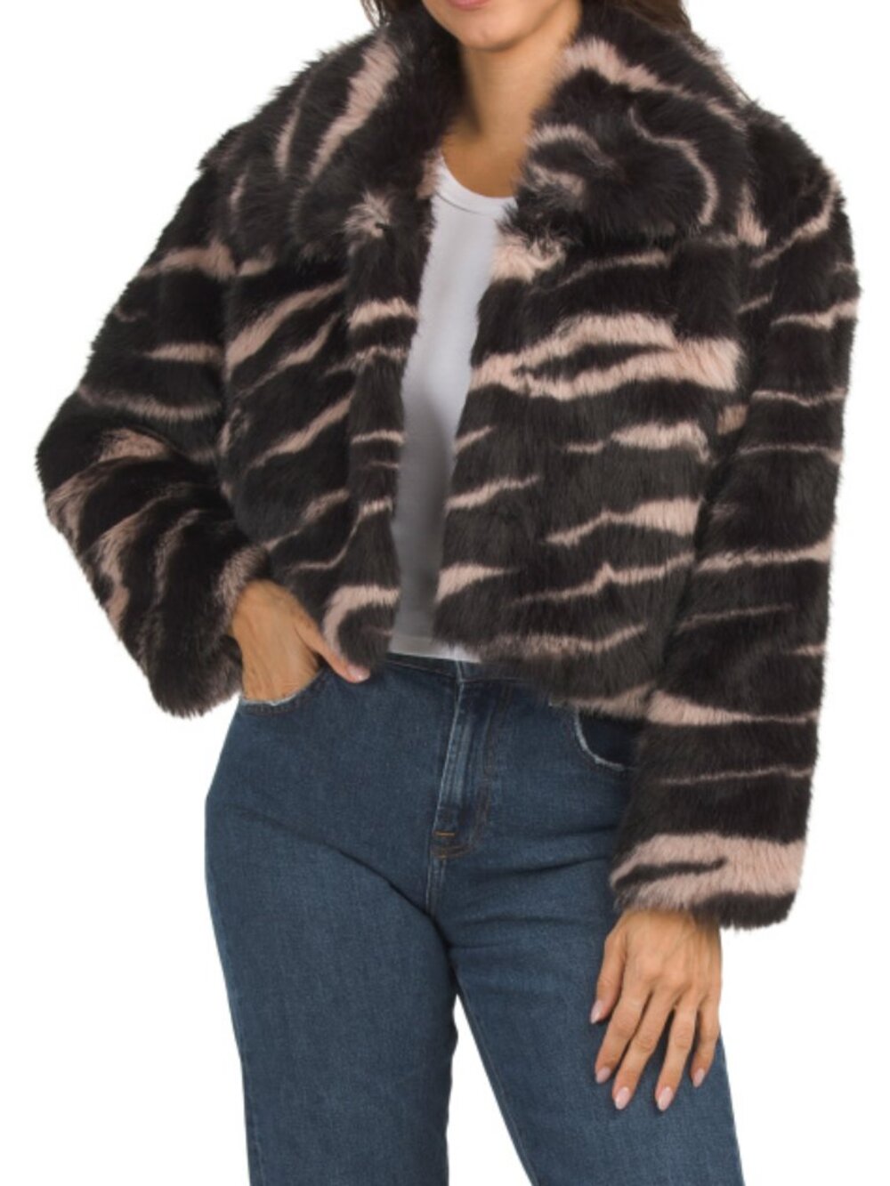 NVLT Cropped Zebra Faux Fur Coat With Oversized Collar
